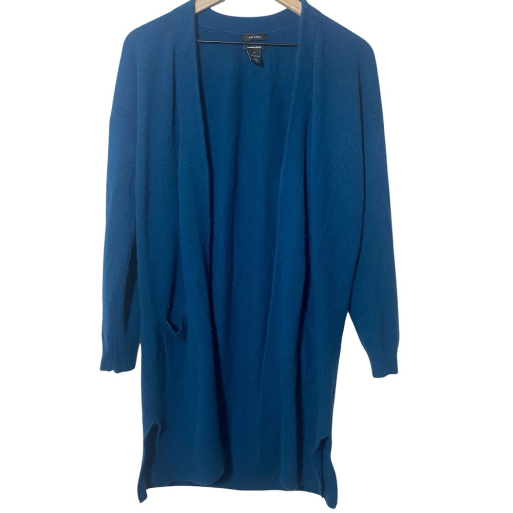 Halogen Cashmere Blend Sweater Size M Blue Open Front Long Line